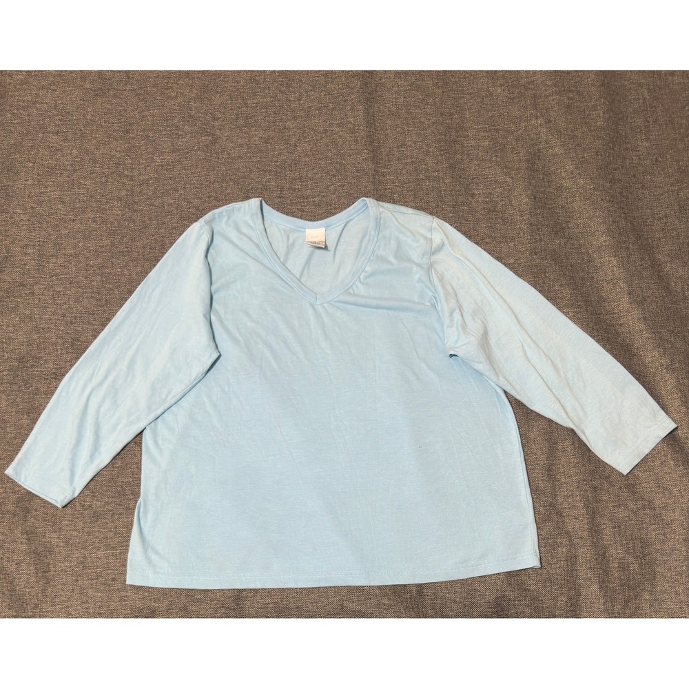 Roaman's Women 1X T-Shirt Light Blue V-Neck Long Sleeve 37-4668-2